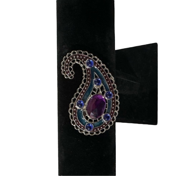 Silver-Toned Teardrop Brooch with 6 Blue Stones & 1 Large Purple Stone No Marks - Picture 1 of 6